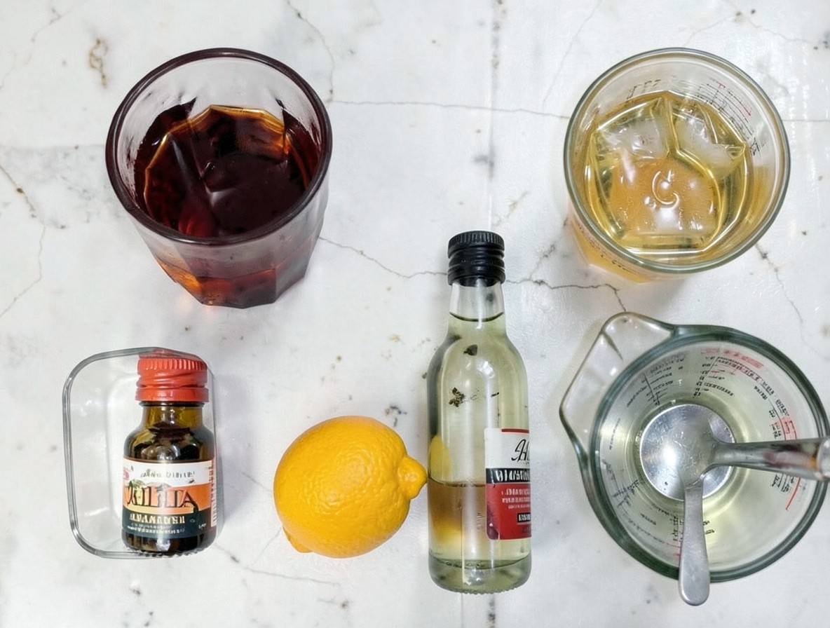 Flat lay of whiskey, vermouths, bitters, and orange for a Manhattan