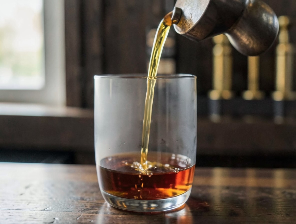 Pouring bourbon into a mixing glass with vermouth for a Manhattan