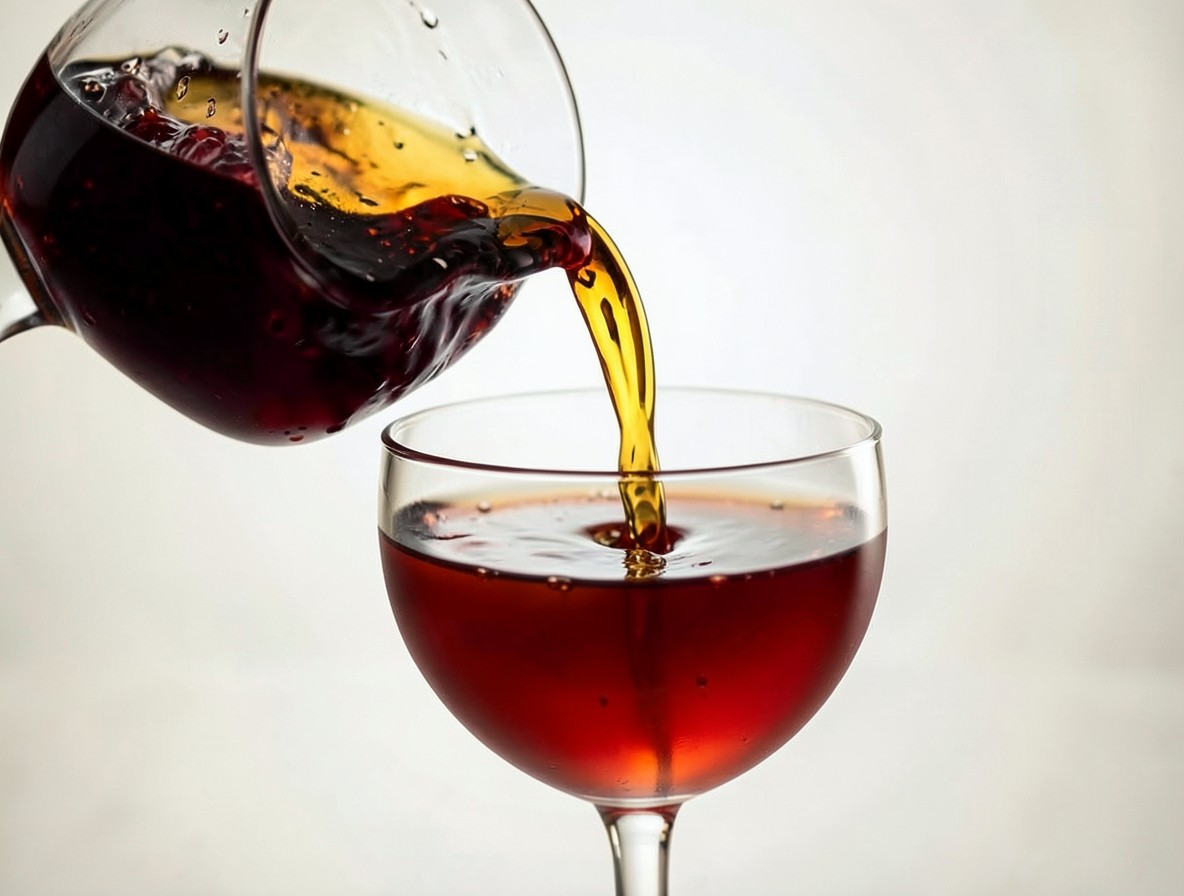 Straining a clear amber Manhattan into a chilled coupe glass