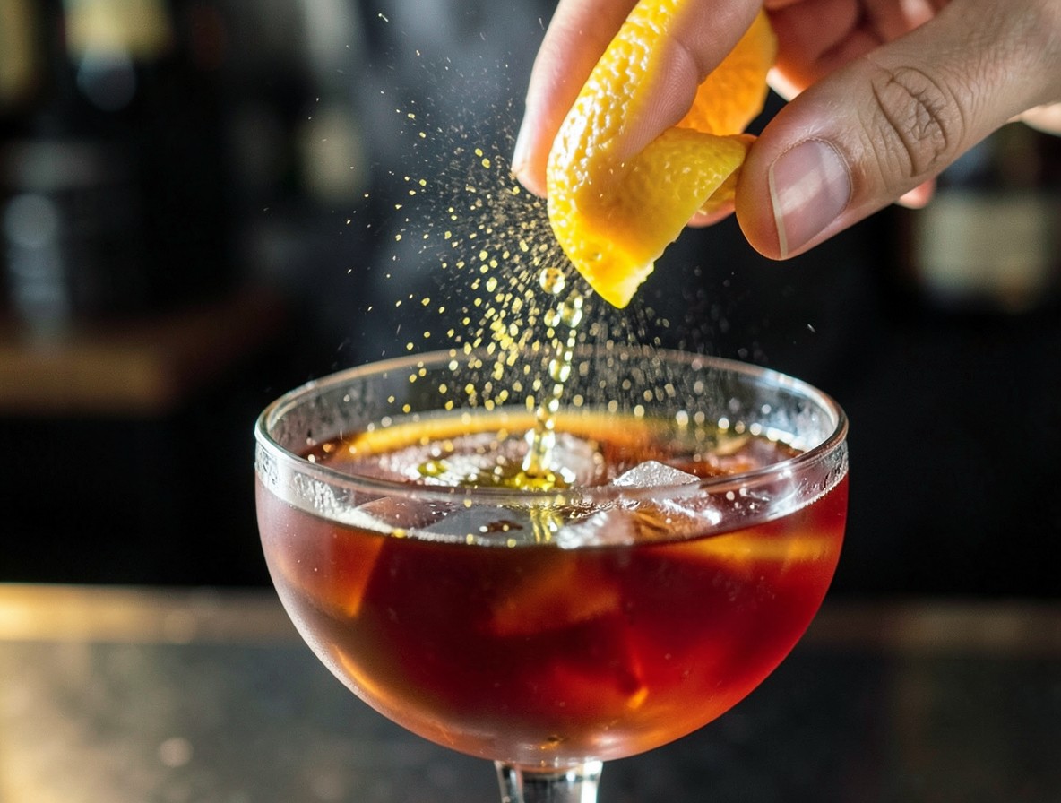 Macro shot of expressing orange oil over a Manhattan cocktail