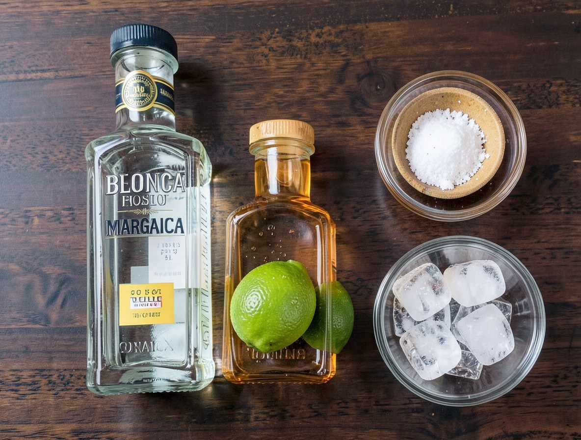 Margarita ingredients flat lay: tequila, orange liqueur, limes, salt, and ice