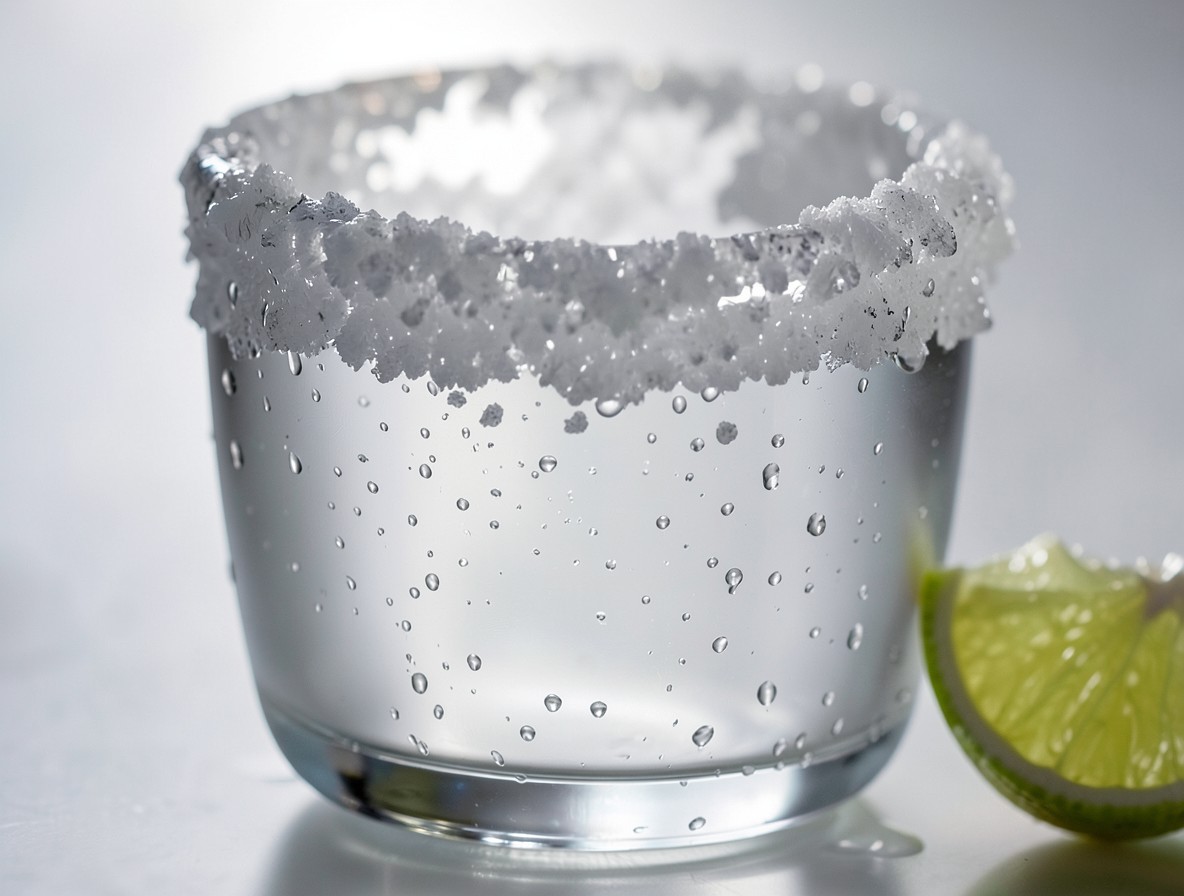 Rocks glass rim being coated with coarse salt for a margarita