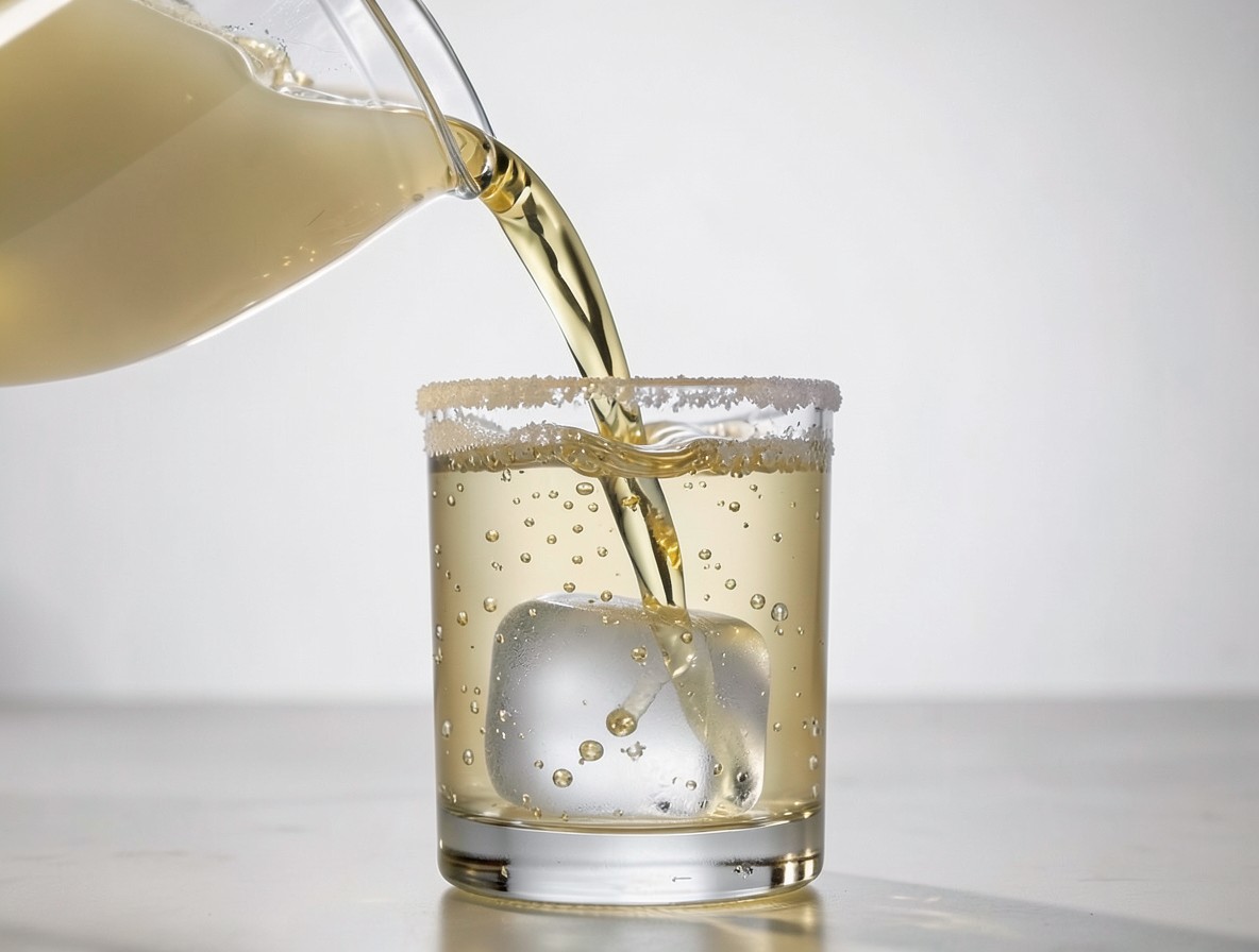 Margarita being strained into a salt-rimmed rocks glass over ice