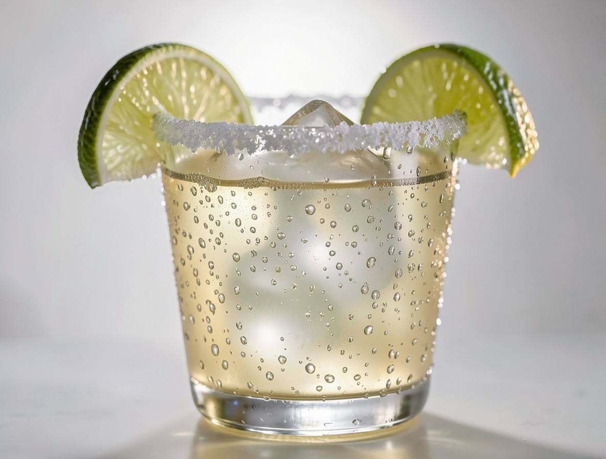 Finished margarita with salted rim, ice cube, and lime wedge garnish