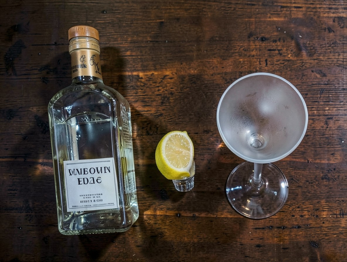 Flat lay of gin, dry vermouth, and lemon for a martini recipe.
