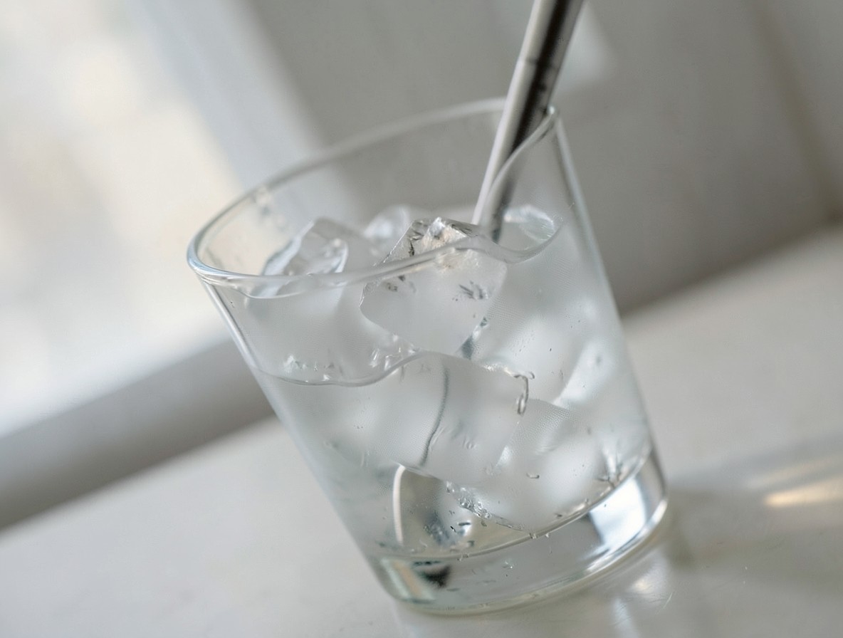 Mixing glass with gin, vermouth, and ice being stirred with a bar spoon.