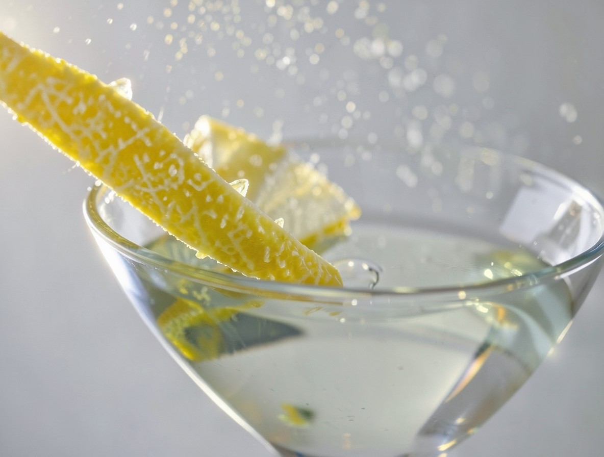 Close-up of expressing lemon peel oils over a clear martini.