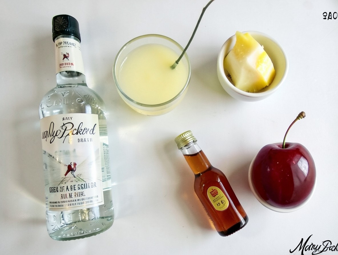 Overhead flat lay of rum, pineapple juice, maraschino liqueur, and grenadine for a Mary Pickford.