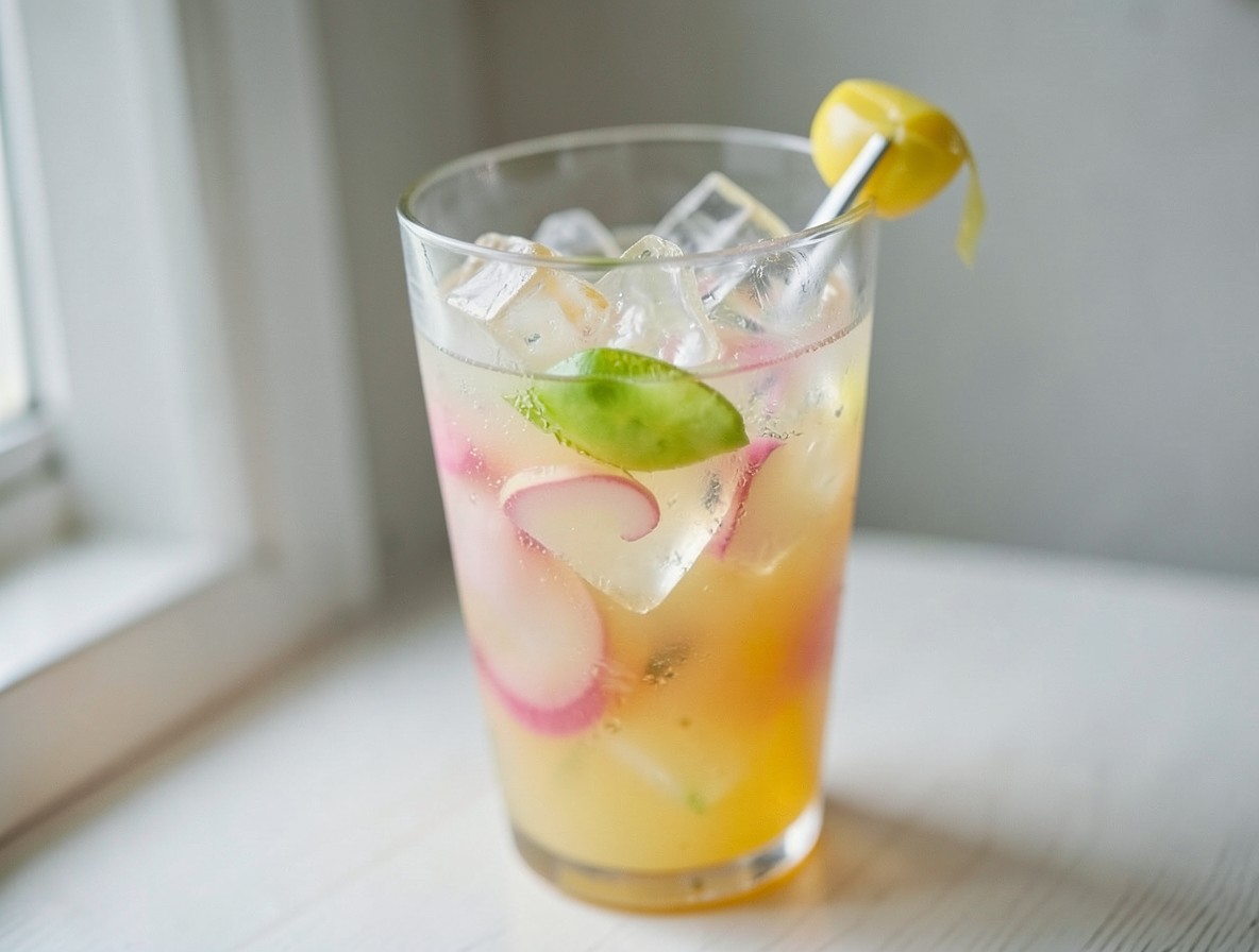 Ingredients for a Mary Pickford cocktail in a shaker with ice before shaking.