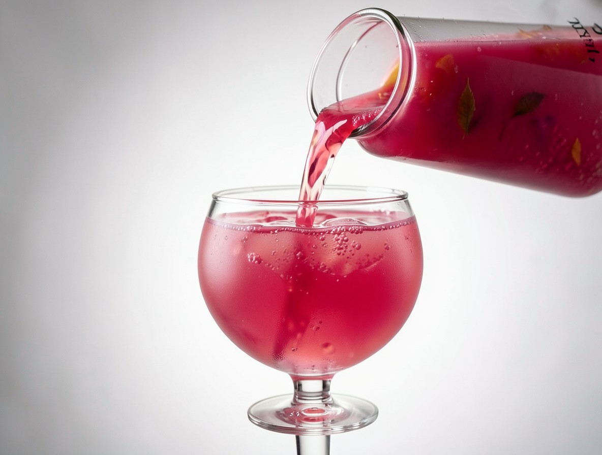 Pouring the pink Mary Pickford cocktail from a shaker into a coupe glass.