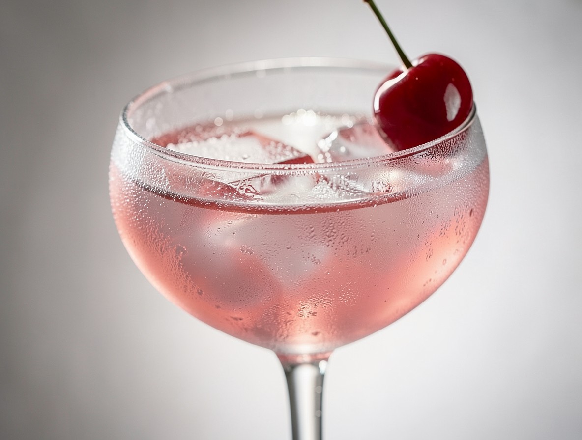 Close-up of the finished Mary Pickford cocktail with a cherry garnish.