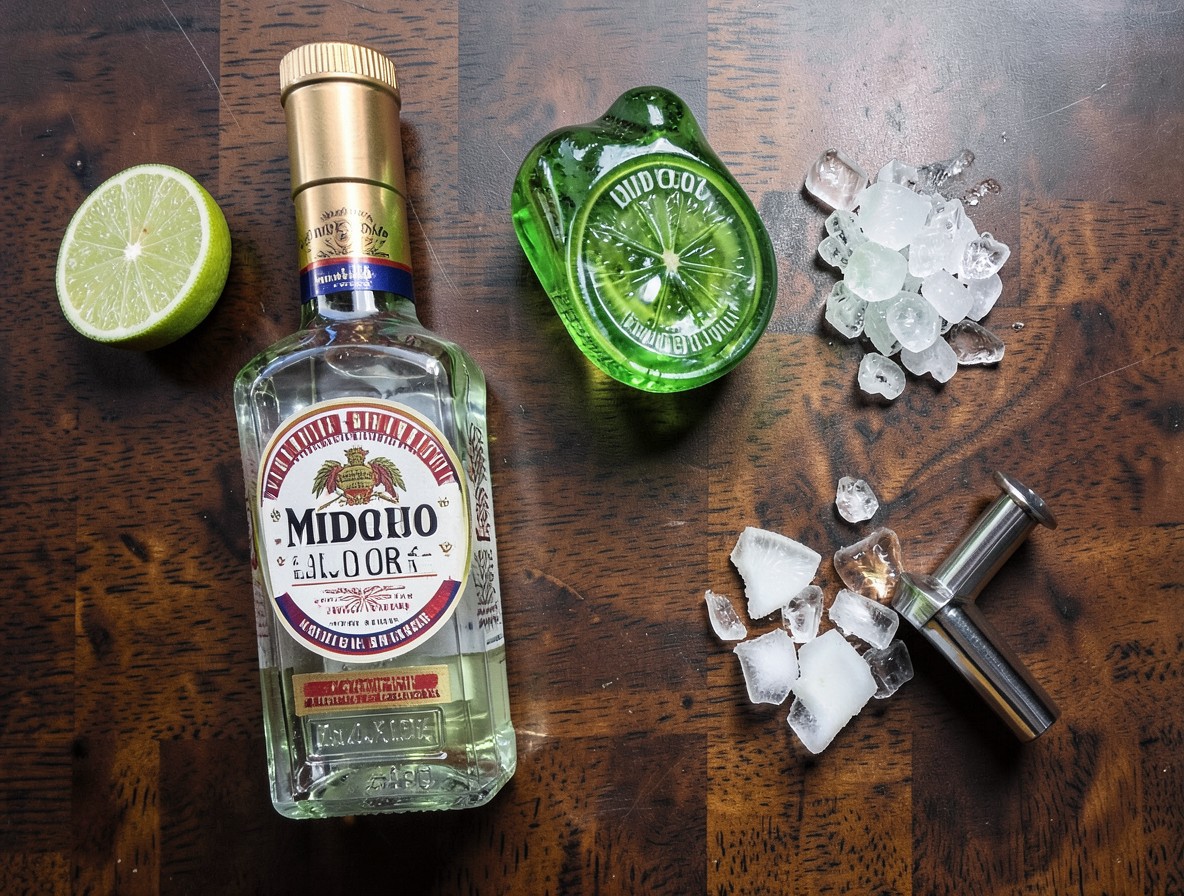 Tequila, Midori, lime, and ice arranged for a Mexican candy shot