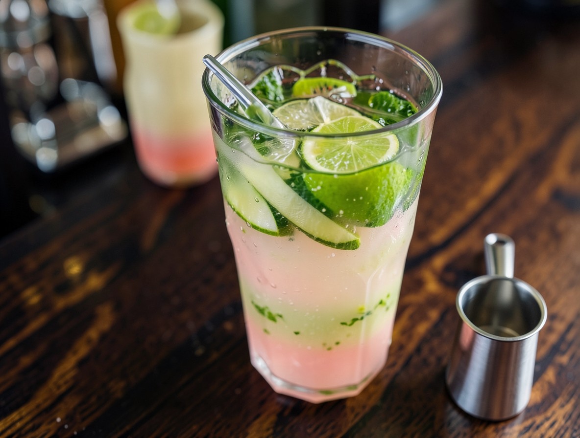 Tequila, watermelon liqueur, and lime juice in an open cocktail shaker