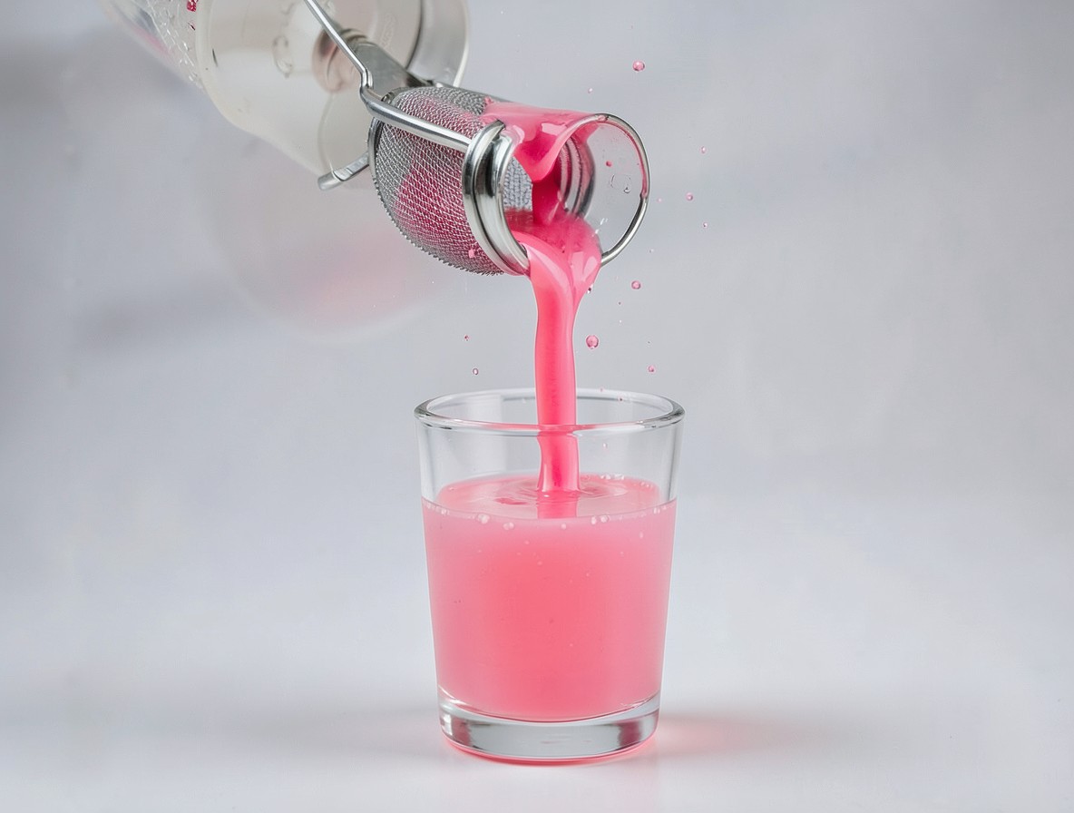 Pouring bright pink Mexican candy shot through a fine strainer into a shot glass