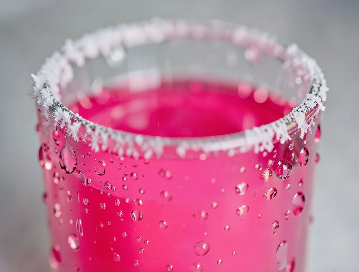 Condensation beading on a chilled shot glass of bright pink Mexican candy shot