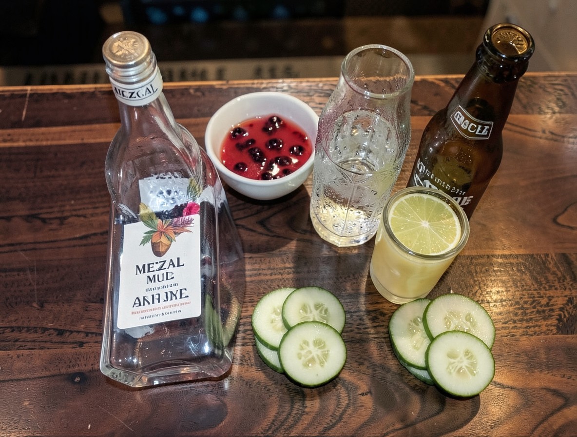 Ingredients for a mezcal mule: mezcal, lime, ginger beer, passionfruit syrup, cucumber