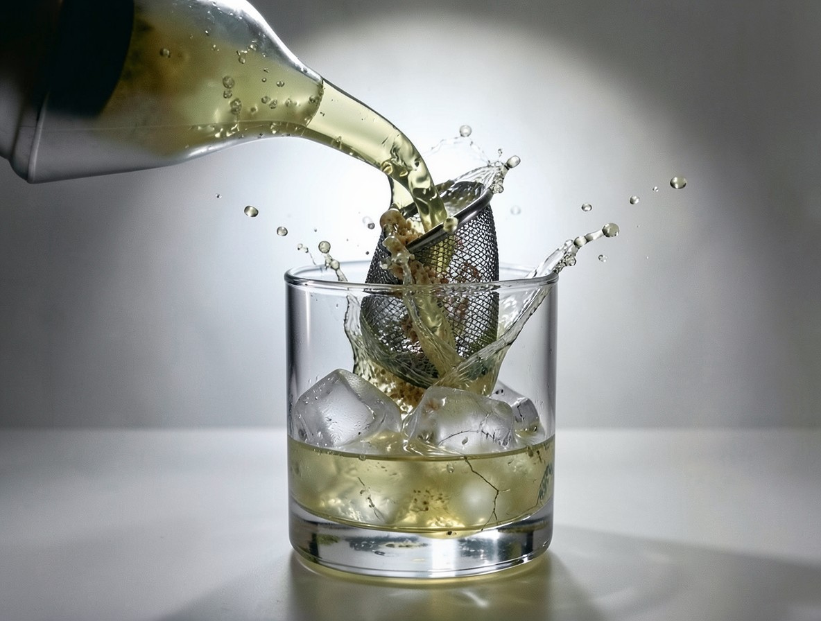Straining the mezcal mule mixture into a rocks glass over cracked ice