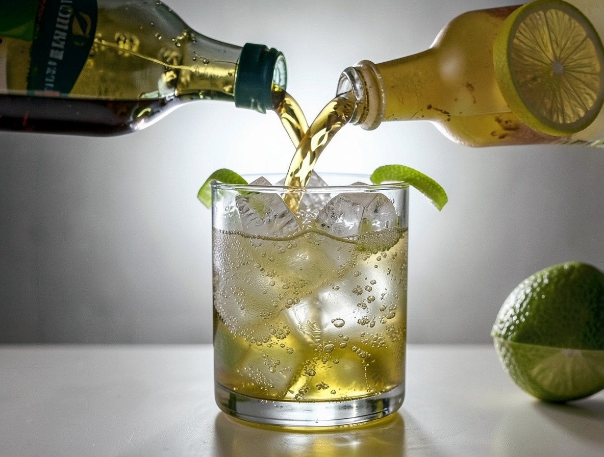 Topping a mezcal mule with ginger beer over cracked ice