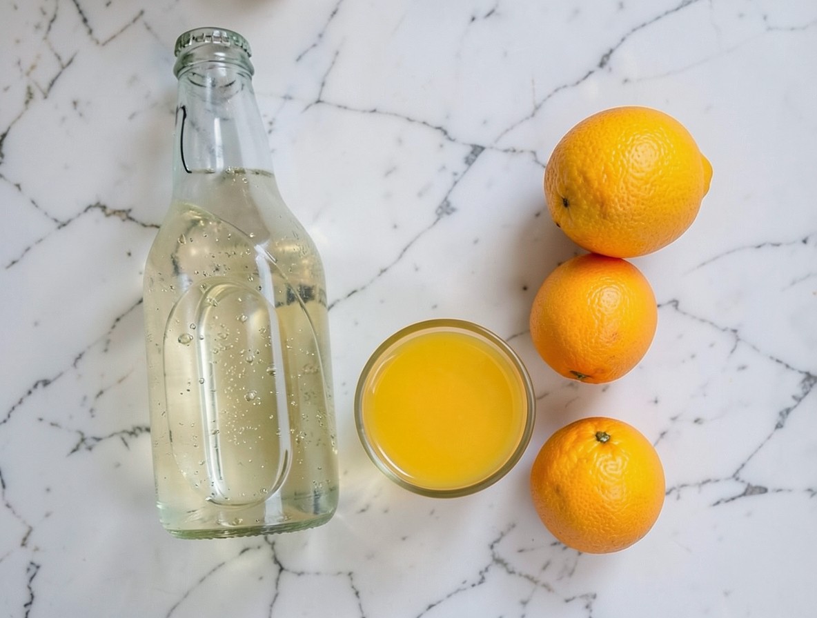 Flat lay of champagne bottle and fresh orange juice for a mimosa