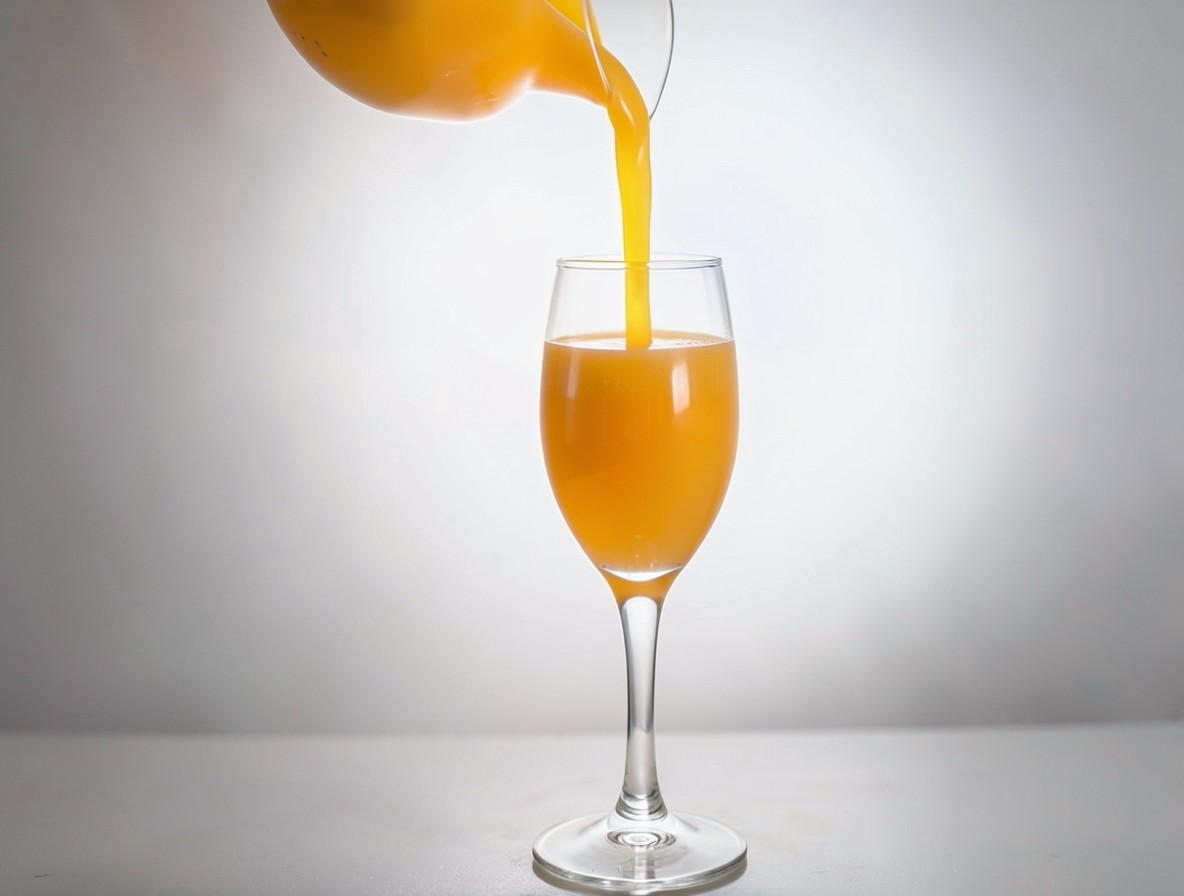 Pouring orange juice into a champagne flute for a mimosa
