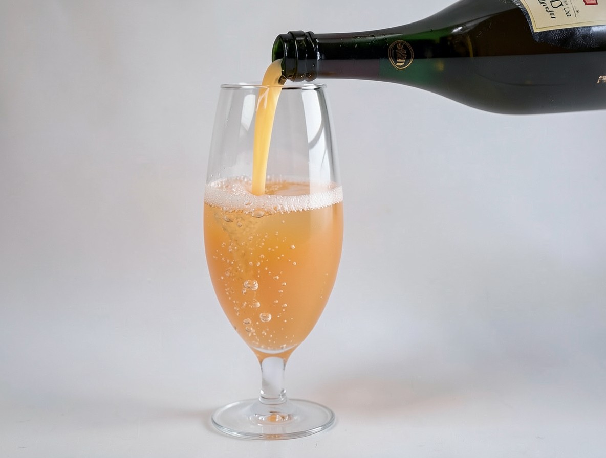 Topping a mimosa with champagne, bubbles rising in the flute