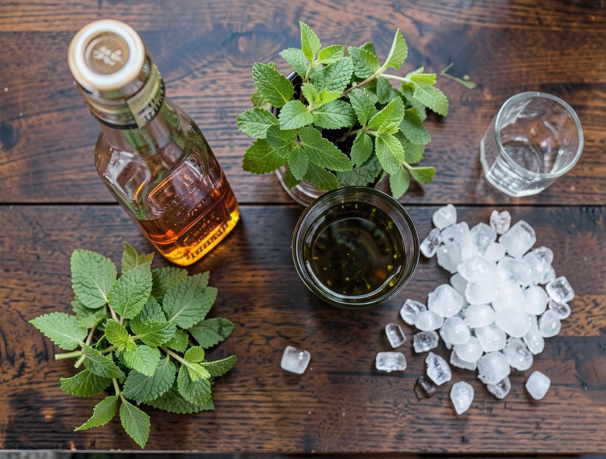 Flat lay of mint julep ingredients: bourbon, mint syrup, fresh mint, crushed ice