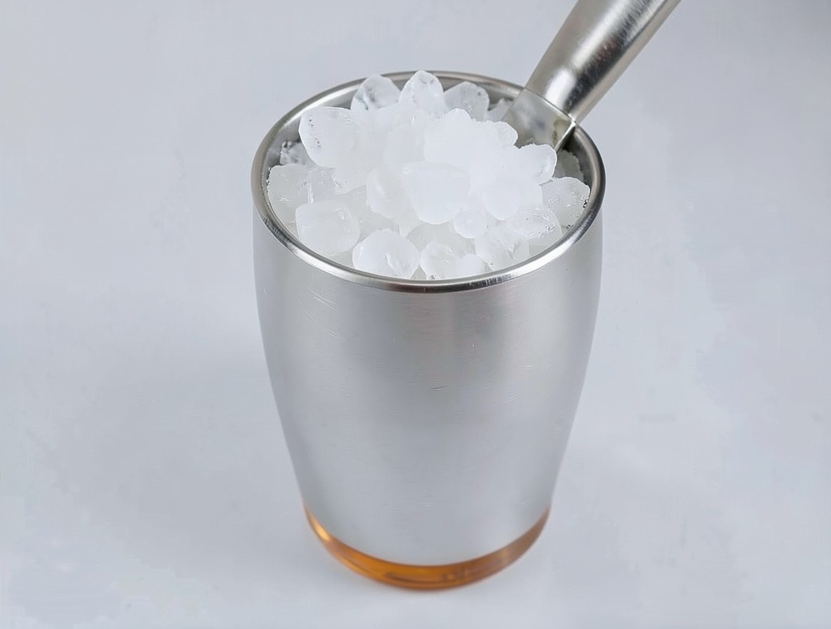 Packing crushed ice into a silver julep cup until it mounds above the rim