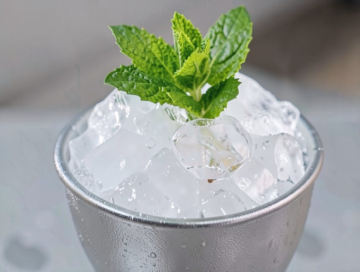 Fresh mint sprig garnish on top of crushed ice in a frosted julep cup