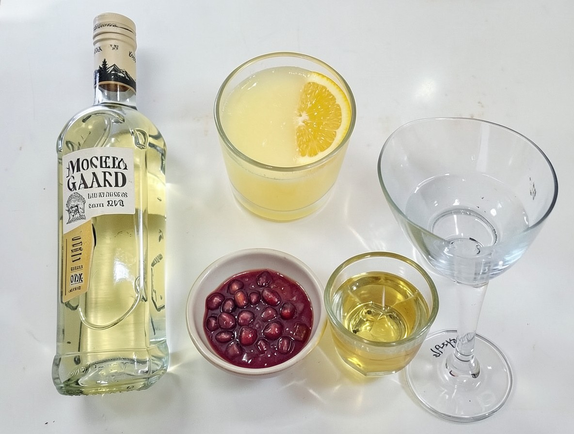 Flat lay of Monkey Gland ingredients: gin, orange juice, grenadine, absinthe