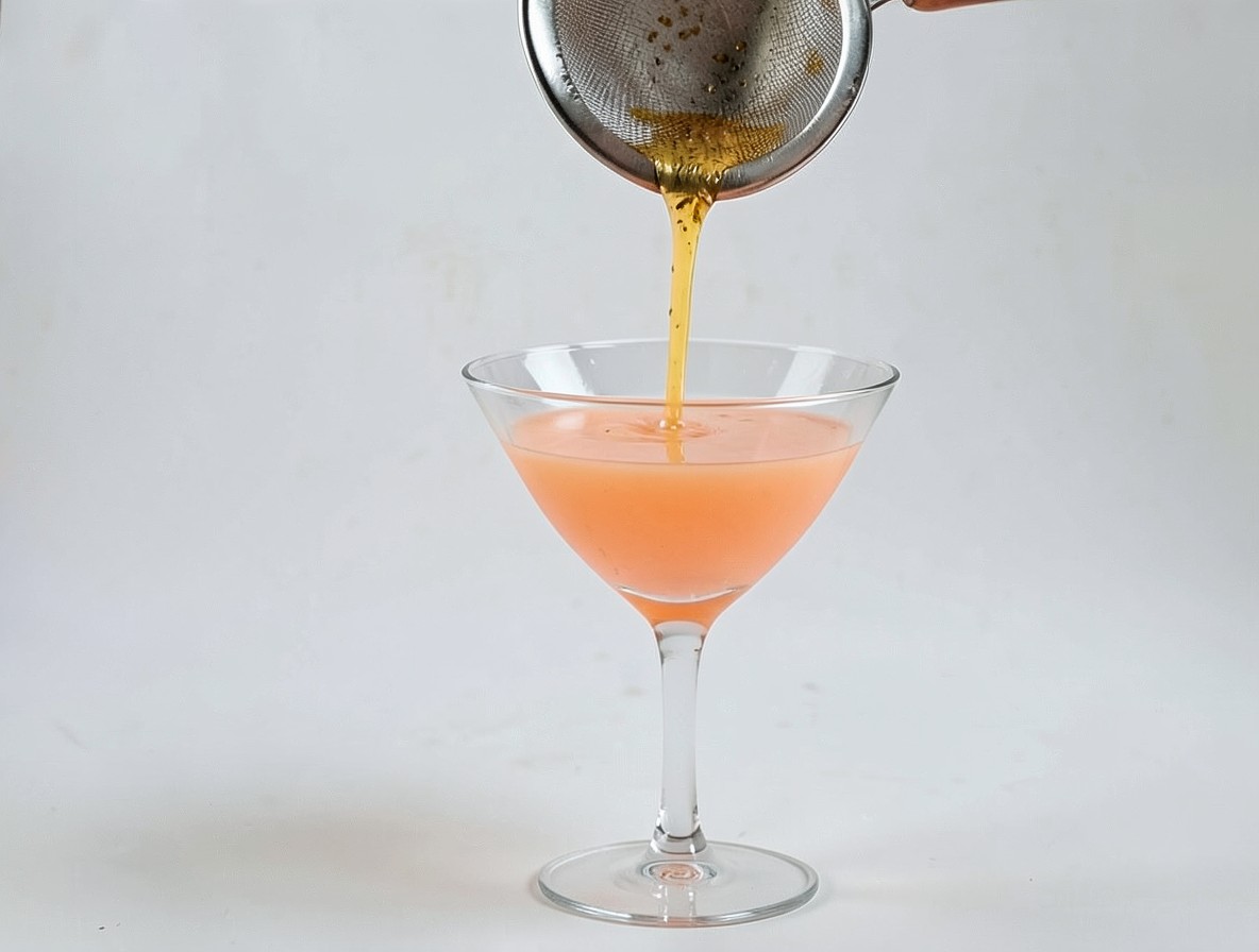 Pouring a Monkey Gland cocktail into a martini glass, liquid stream visible