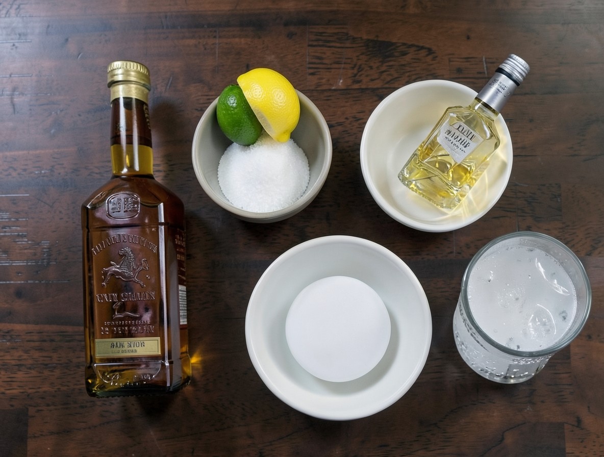 Ingredients for a Morning Glory Fizz arranged in a flat lay