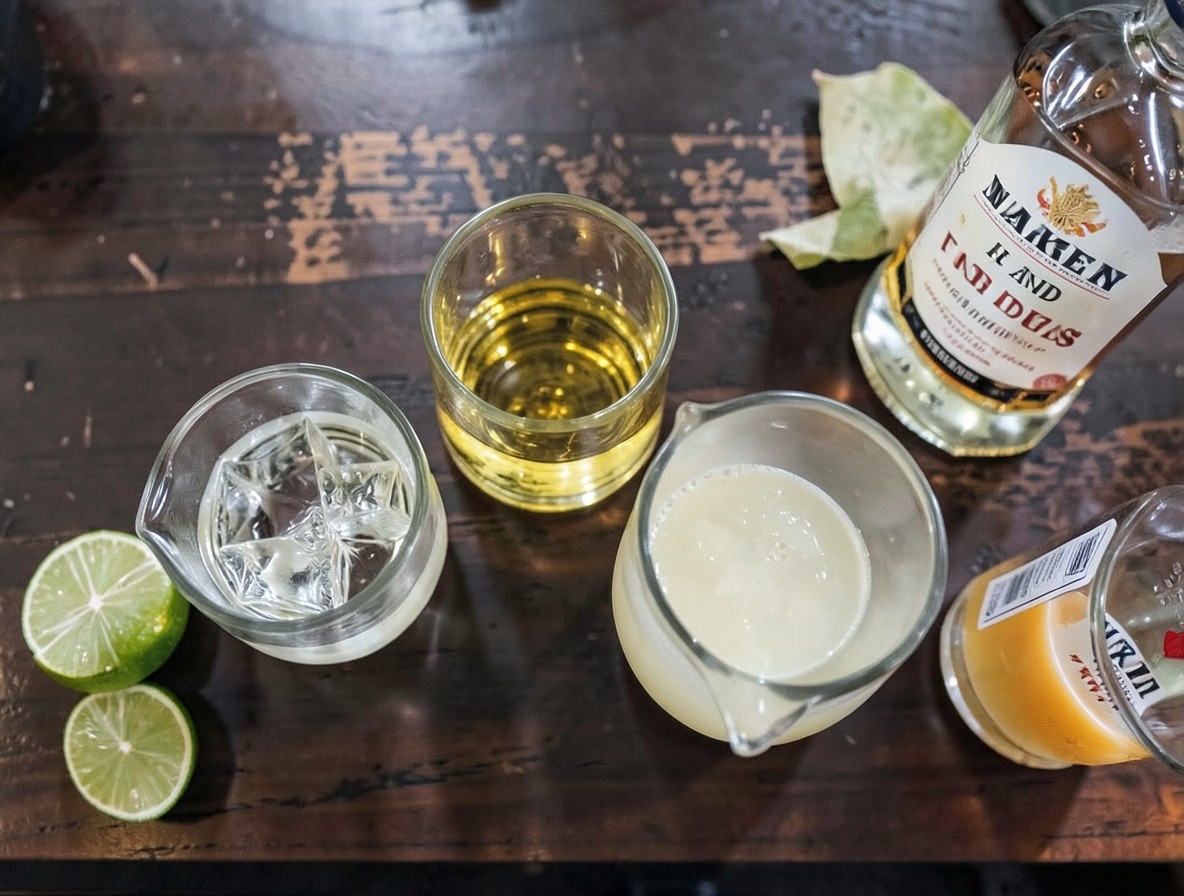 Flat lay of mezcal, yellow Chartreuse, Aperol and lime juice for a Naked and Famous cocktail