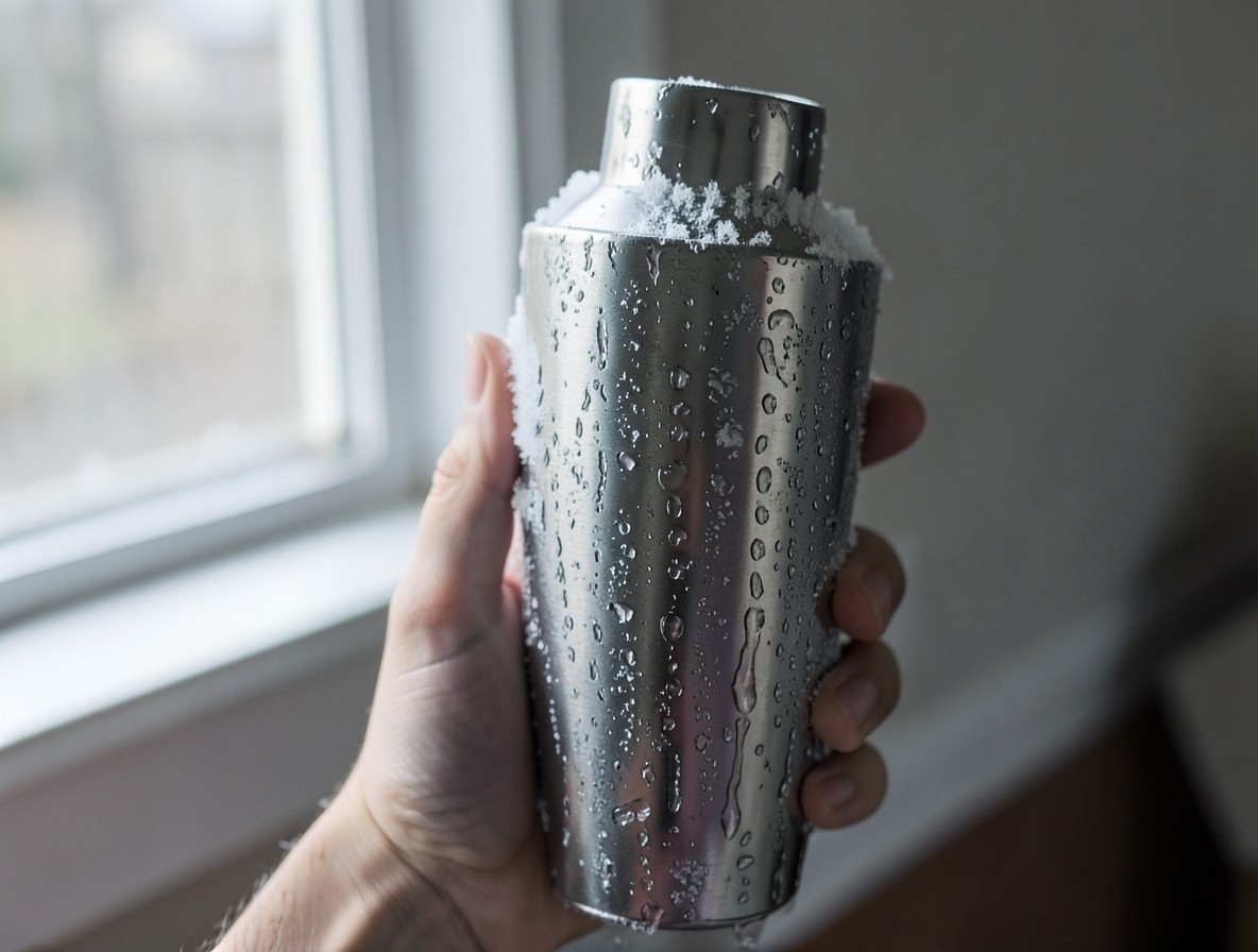 Frosted cocktail shaker with condensation after shaking a Naked and Famous