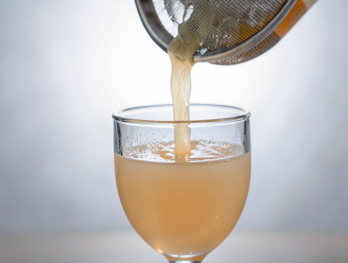 Pouring a clear orange Naked and Famous cocktail through a fine strainer into a Nick and Nora glass