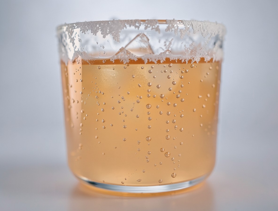 Macro close-up of a clear orange Naked and Famous cocktail with frost on the glass rim