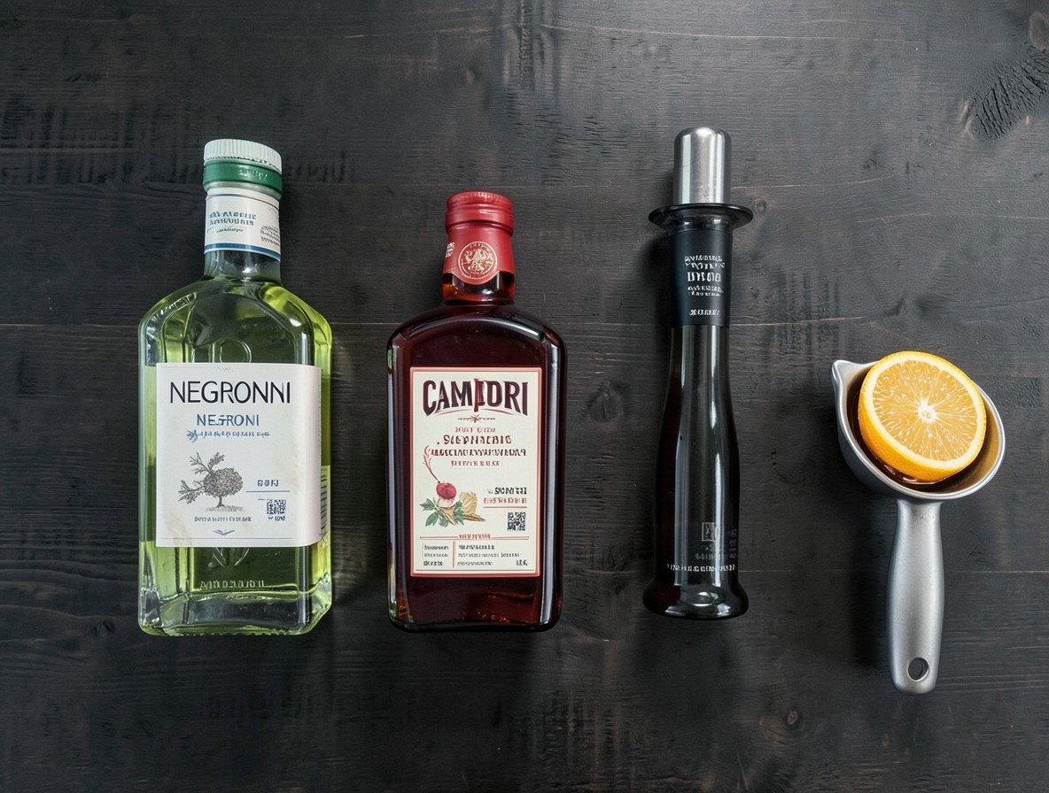 Negroni ingredients arranged on dark wood: gin, Campari, sweet vermouth, jigger and orange peel