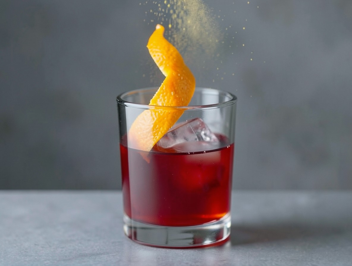 Expressing orange peel oils over a Negroni with a large ice cube, citrus mist visible