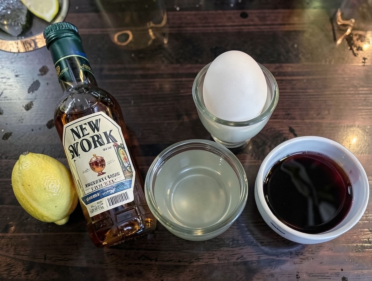 Ingredients for a New York Sour: bourbon, lemon, syrup, egg, wine