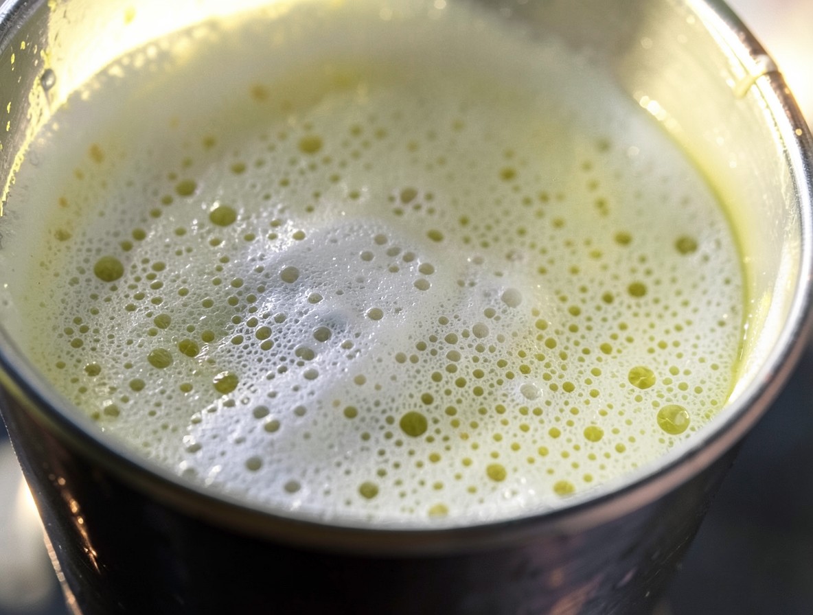 Foamy egg white whiskey sour base in a shaker tin