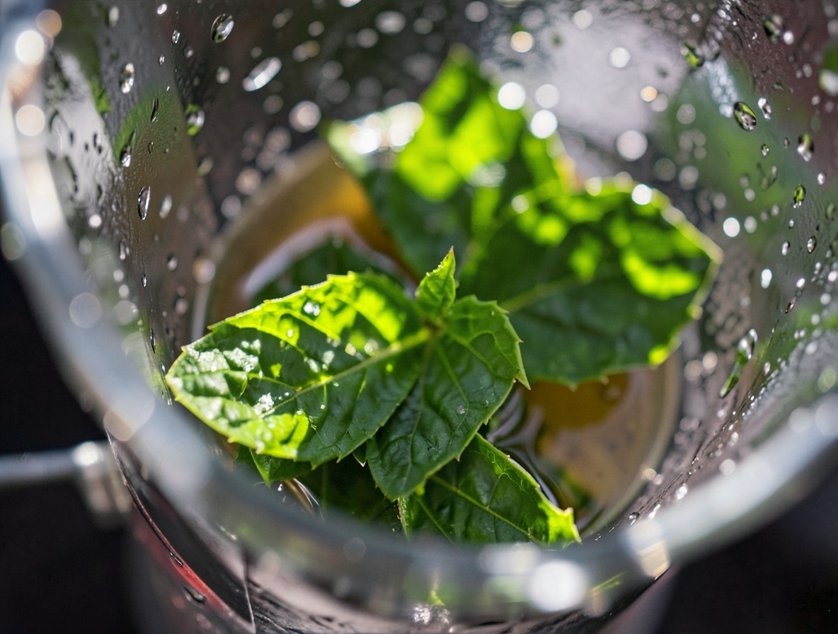 Mint leaves being muddled with syrup in the bottom of a cocktail shaker