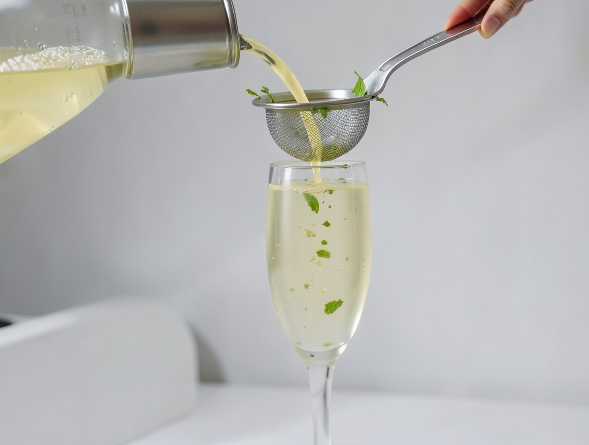 Straining the Old Cuban mix into a champagne flute through a fine strainer