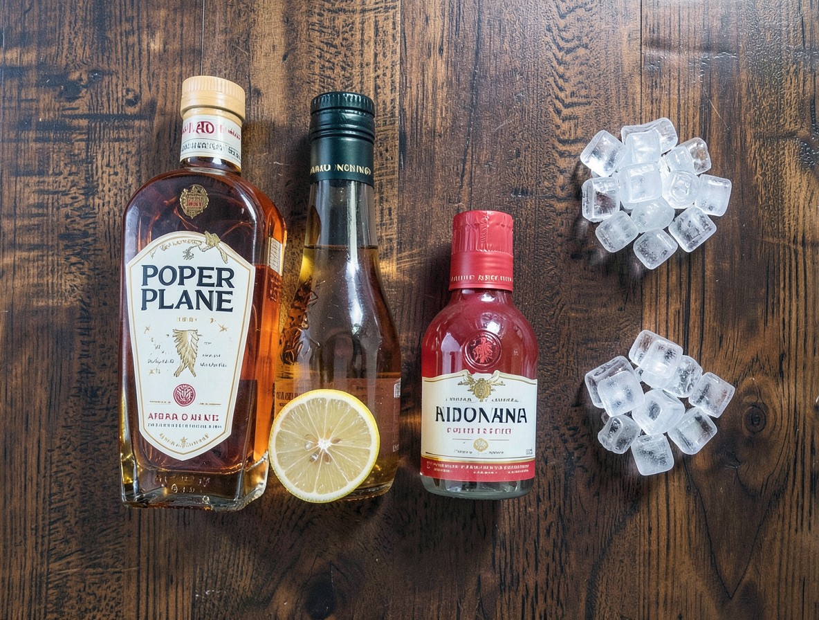 Overhead flat lay of bourbon, Aperol, Amaro Nonino, and lemon.
