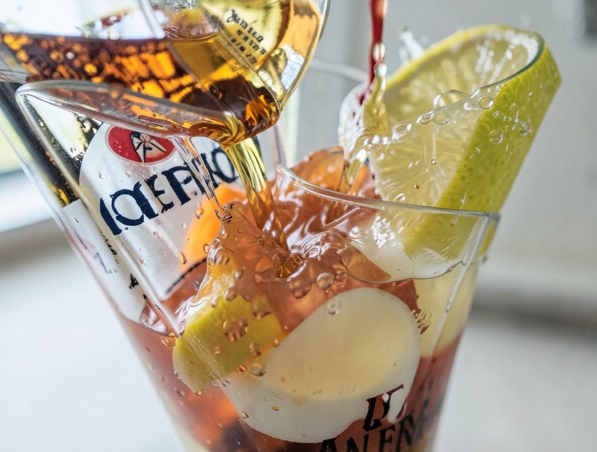 Pouring bourbon, Aperol, and Amaro Nonino into a cocktail shaker.