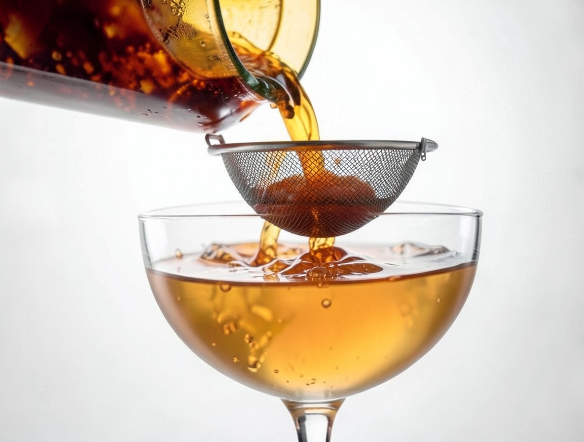 Pouring a strained Paper Plane cocktail into a coupe glass.