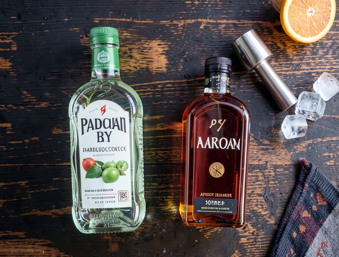 Ingredients for a Paradise cocktail: gin, apricot brandy, orange.