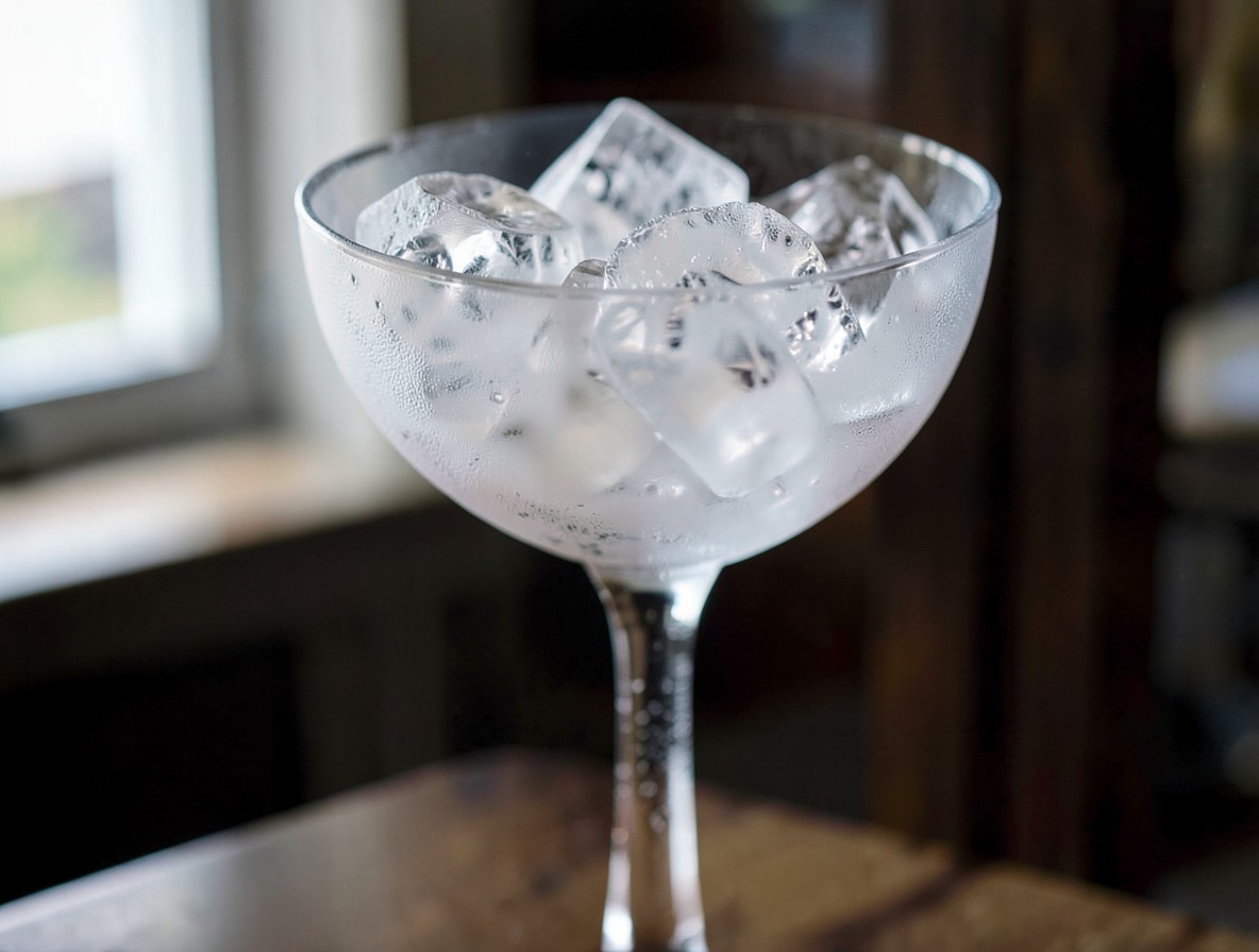 Chilling a coupe glass with ice for the Paradise cocktail.