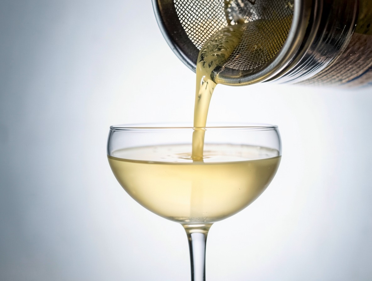 Straining the golden Paradise cocktail into a coupe glass.