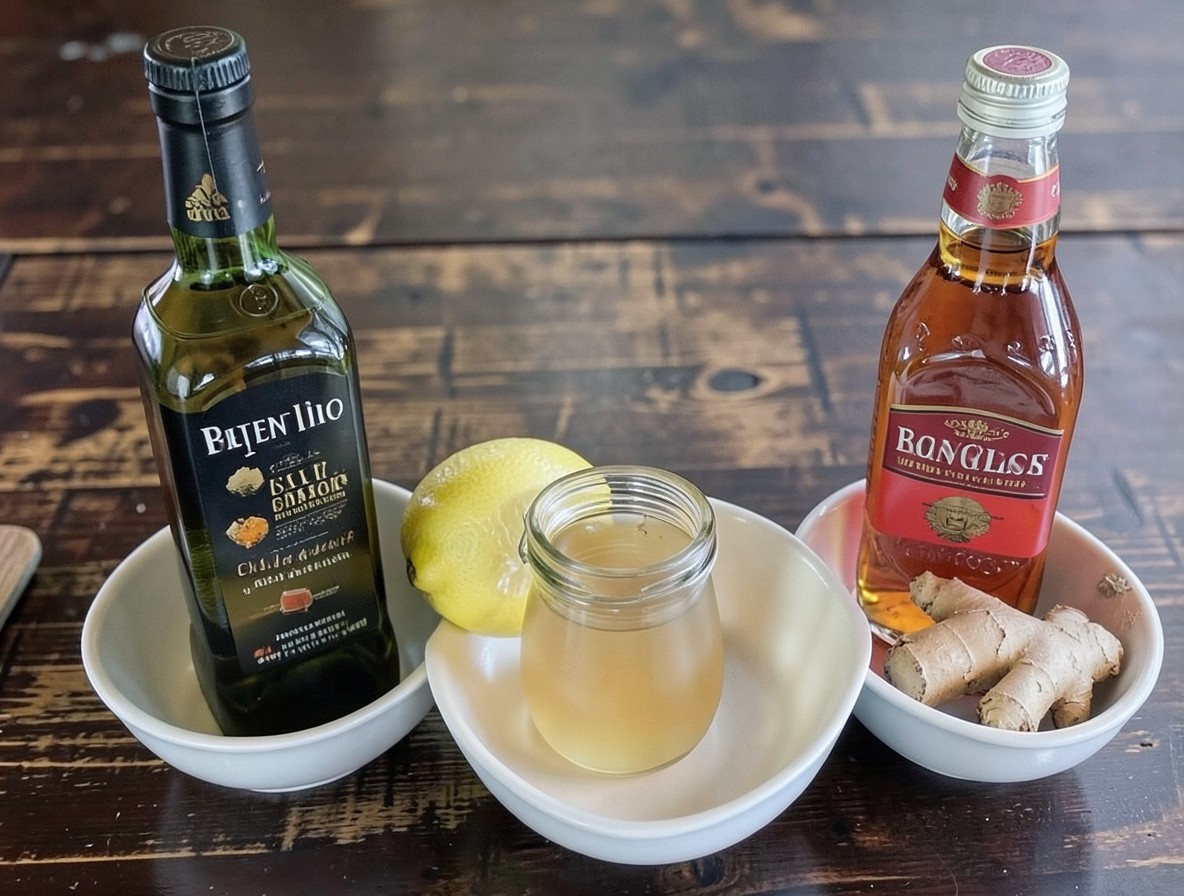Ingredients for a Penicillin cocktail arranged on dark wood
