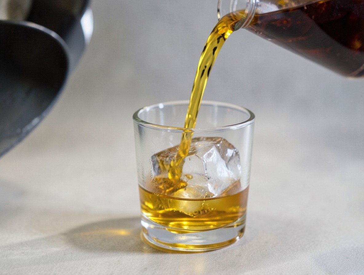 Pouring the strained amber Penicillin mixture over a large ice cube