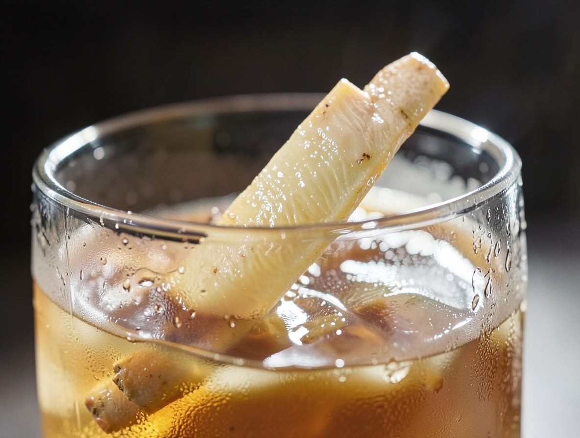 Garnishing the Penicillin with a fresh, bright slice of ginger